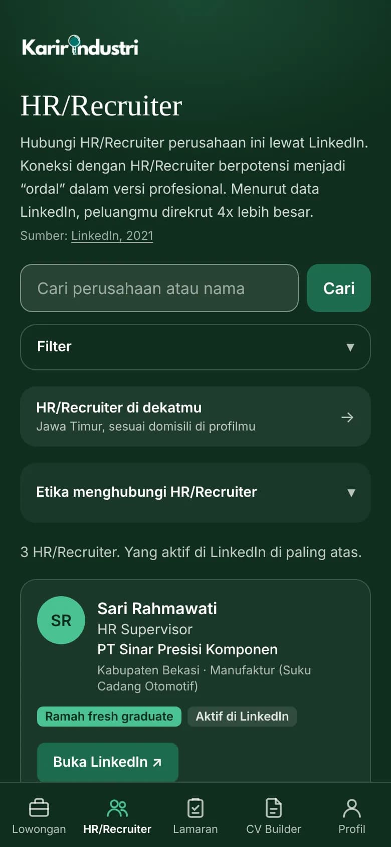 Daftar HR/Recruiter perusahaan di aplikasi Karir Industri