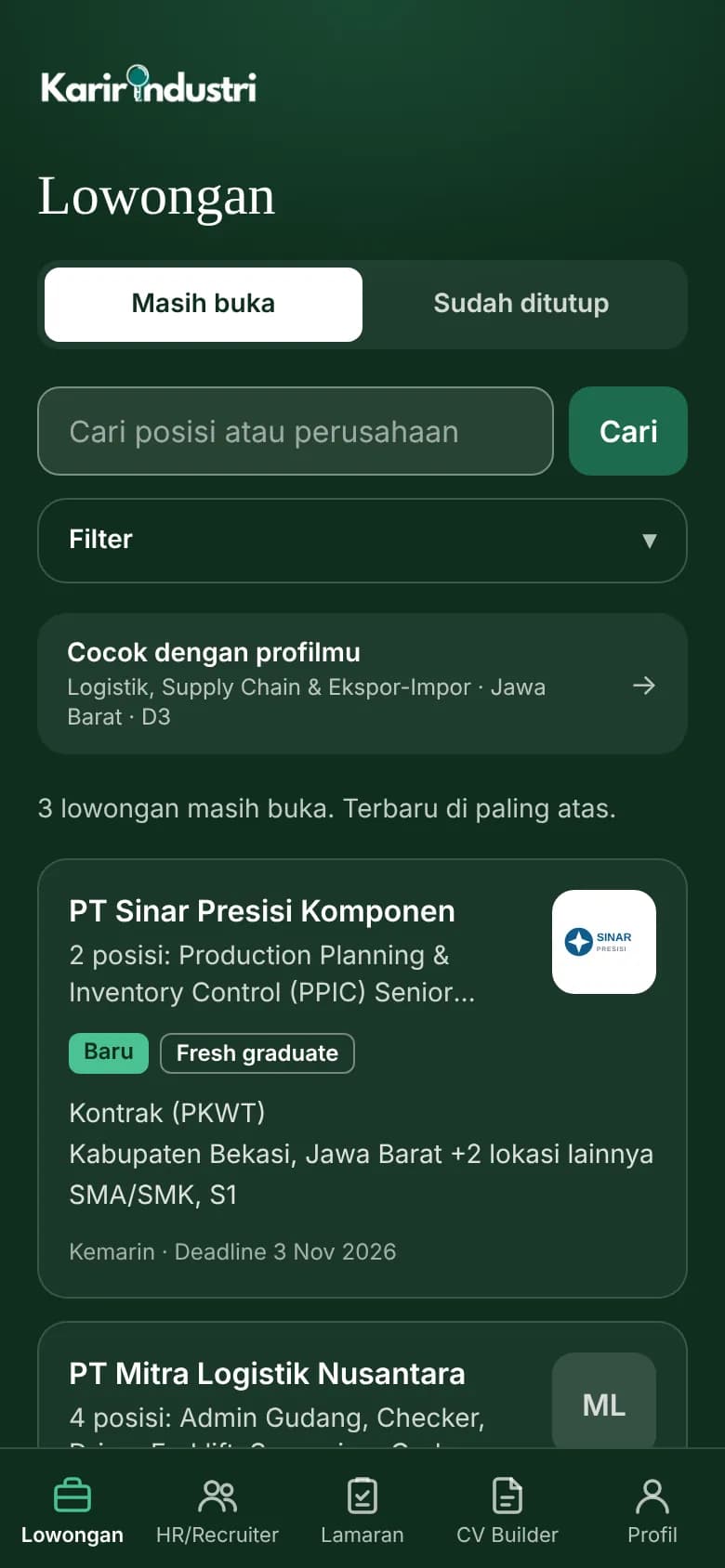 Daftar lowongan di aplikasi Karir Industri